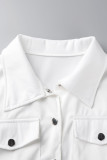 ホワイト セクシー ストリート ソリッド パッチワーク ポケット バックル ターンダウン カラー ワンステップ スカート ドレス
