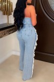 Blue Sexy Casual Solid Ripped Patchwork Backless Strapless Sleeveless Regular Denim Jumpsuits