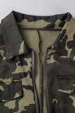 Army Green Street Print Camouflage Print Patchwork Draw String Zipper Collar Robes droites
