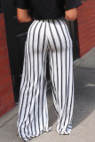 Calça branca casual listrada estampada cintura alta reta estampada completa