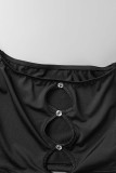 Patchwork sexy noir évidé transparent sur l'épaule à manches longues deux pièces