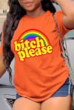 T-shirt con scollo a O e lettera patchwork con stampa carina arancione Street