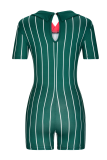 Ink Green Sexy Striped Patchwork Turndown Collar Skinny Rompers