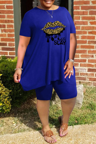 Blue Casual Letter Lips Printed Basic O Neck Short Sleeve Two Pieces