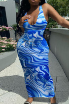 Vestidos casuais azuis sexy estampados básicos com decote em U