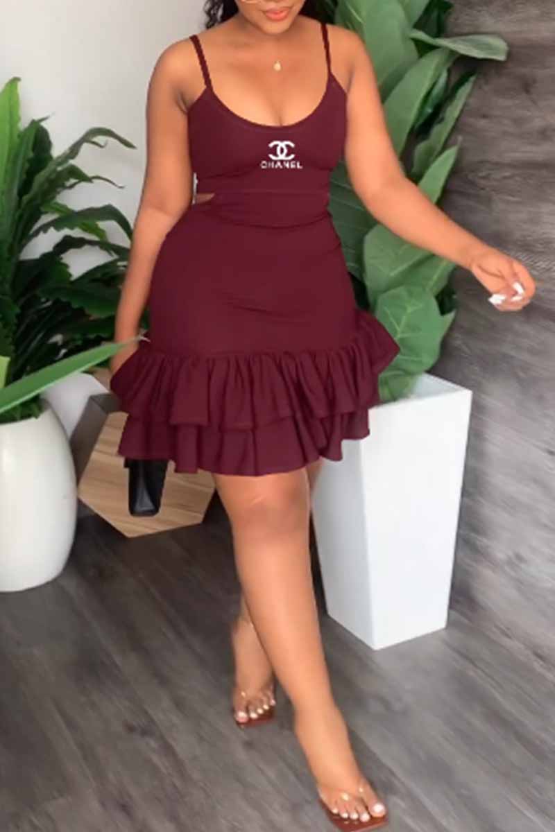 

Burgundy Sexy Print Flounce Spaghetti Strap One Step Skirt Dresses