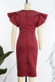 Rosa vermelho elegante sólido patchwork bordado com decote em V vestidos saia um passo