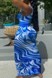Синее сексуальное повседневное платье с принтом, базовое платье с U-образным вырезом, платья