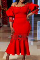 Red Sexy Solid Patchwork See-through Off the Shoulder Evening Dress Dresses