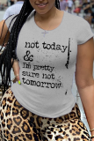 T-shirts casual street print patchwork lettre O cou gris