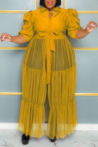 Желтая повседневная элегантная однотонная юбка в стиле пэчворк с отложным воротником и пряжкой, платья больших размеров