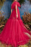 Rose Red Elegant Solid Patchwork Mesh Oblique Collar Evening Dress Dresses