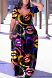 Geelgrijze casual straatprint patchwork jurk met U-hals en grote maten jurken