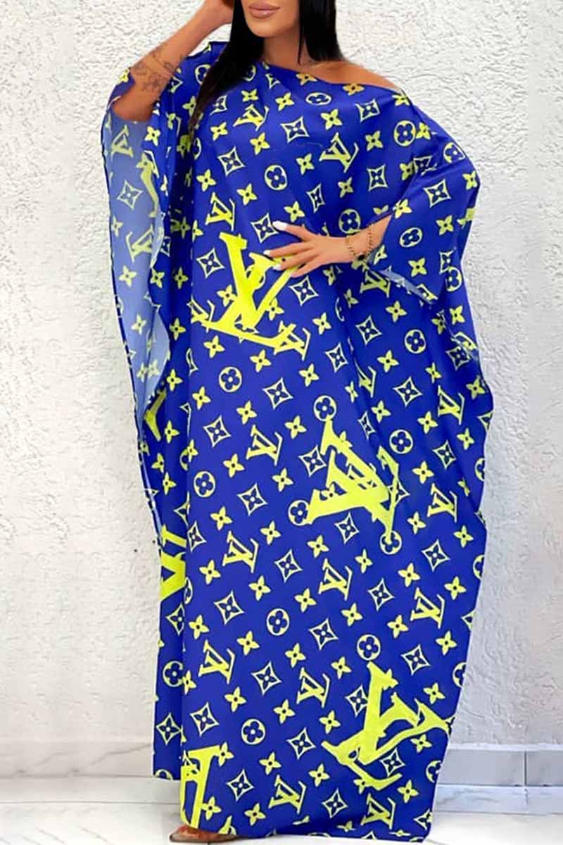 

Blue Casual Print Letter Off the Shoulder One Step Skirt Dresses