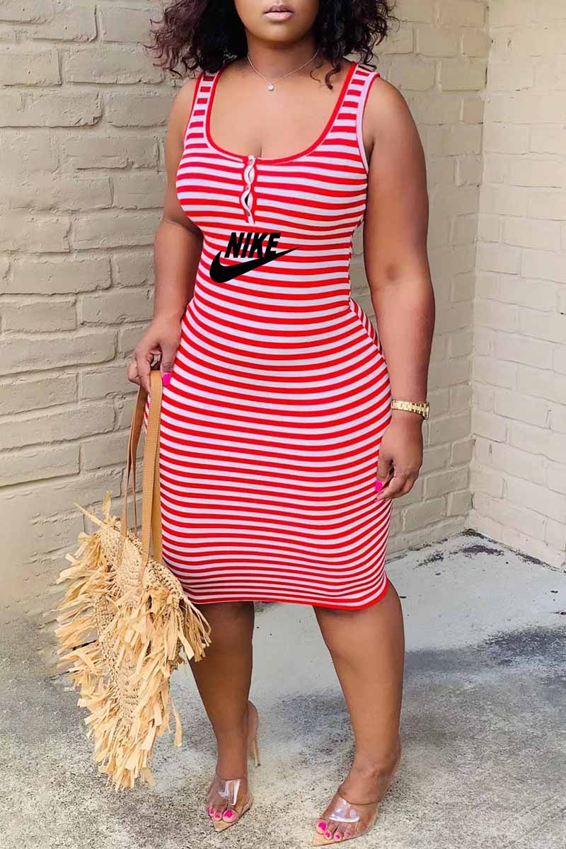 

Red Casual Striped Print Letter U Neck Pencil Skirt Dresses