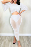 White Sexy Solid Patchwork See-through O Neck Half Sleeve Two Pieces