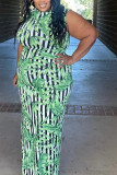 Зеленое сексуальное платье с высоким вырезом и принтом, базовое платье с круглым вырезом, большие размеры
