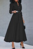 Camisa preta casual patchwork lisa com colarinho vestidos longos (sem cinto)