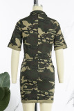 Army Green Street Print Camouflage Print Patchwork Kordelzug Reißverschlusskragen Gerade Kleider