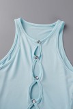 Blå Sexig Solid urholkad O-hals ärmlösa klänningar