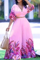 Pink Casual Tropical Print Patchwork Fold V Neck Half Sleeve Two Pieces Crop Tops And Wide Leg Pants Sets