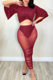Burgundy Sexy Solid Patchwork See-through O Neck Half Sleeve Two Pieces
