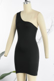 ブラック セクシー ソリッド パッチワーク オブリーク カラー ペンシル スカート ドレス