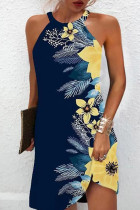 Blauw Geel Casual Print Basic O-hals mouwloze jurk Jurken