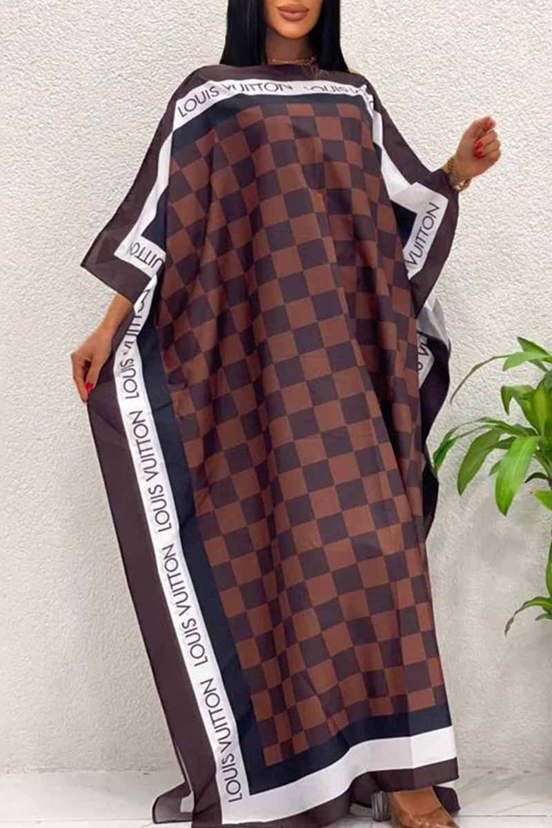 

Brown Casual Print Letter Off the Shoulder One Step Skirt Dresses