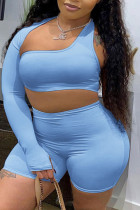 Light Blue Sexy Solid Hollowed Out Patchwork Asymmetrical Asymmetrical Collar Plus Size Two Pieces