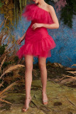 ローズレッドエレガントソリッドパッチワークメッシュ斜めカラーイブニングドレスドレス