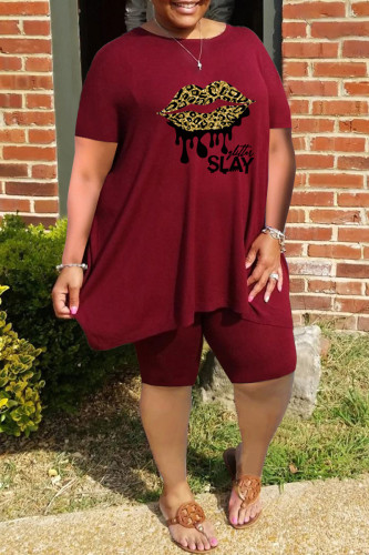 Burgundy Casual Letter Lips Printed Basic O Neck Short Sleeve Two Pieces
