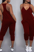 Burgundy Sexy Solid Patchwork Spaghetti Strap Harlan Jumpsuits