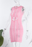 Pink Sexy Solid Hollowed Out See-through O Neck Sleeveless Dress Dresses