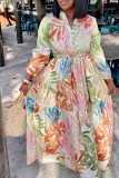 Vestidos de manga comprida com estampa casual colorida de patchwork decote em v