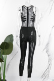 Macacões skinny transparentes pretos com decote em O e retalhos sexy