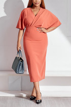 Orange Plus Size Casual Simplicity Basis Solid Color V Neck Wrapped Skirt