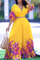 Yellow Casual Tropical Print Patchwork Fold V Neck Half Sleeve Two Pieces Crop Tops And Wide Leg Pants Sets