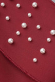 Rose Rouge Élégant Solide Patchwork Perles V Cou Une Étape Jupe Robes