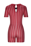 White Sexy Striped Patchwork Turndown Collar Skinny Rompers