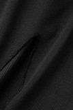 Schwarzer, sexy, fester, ausgehöhlter Patchwork-Schlitz mit O-Ausschnitt, Kurzarm, zweiteilig
