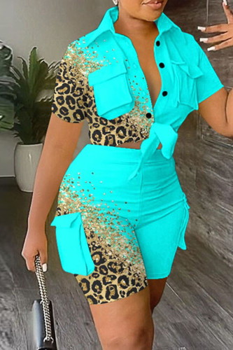 Sky Blue Street Print Patchwork Buckle Turndown Collar Short Sleeve Two Pieces Front Tie Blouse Top And Short Set