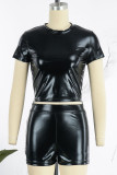 Black Sexy Street Solid Patchwork O Neck Short Sleeve Two Pieces