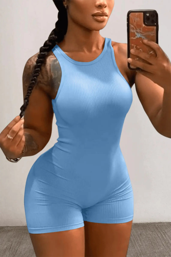 Blue Sexy Solid Patchwork O Neck Skinny Rompers
