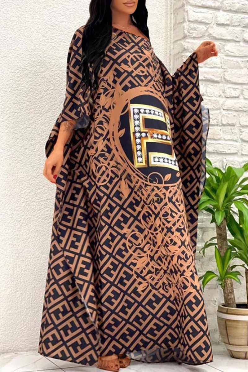 

Black Brown Casual Print Letter Off the Shoulder One Step Skirt Dresses