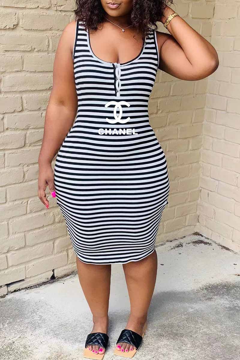 

Black Casual Striped Print Letter U Neck Pencil Skirt Dresses