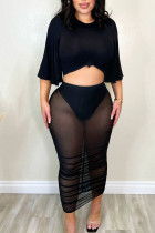 Black Sexy Solid Patchwork See-through O Neck Half Sleeve Two Pieces