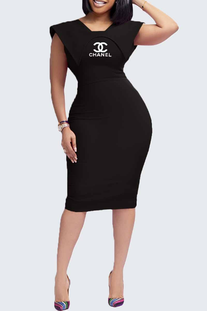 

Black Work Print Slit Letter Square Collar Pencil Skirt Dresses