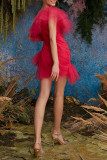 Розово-красные элегантные однотонные лоскутные сетчатые вечерние платья с косым воротником Платья