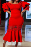 Красное сексуальное однотонное прозрачное вечернее платье в стиле пэчворк с открытыми плечами Платья